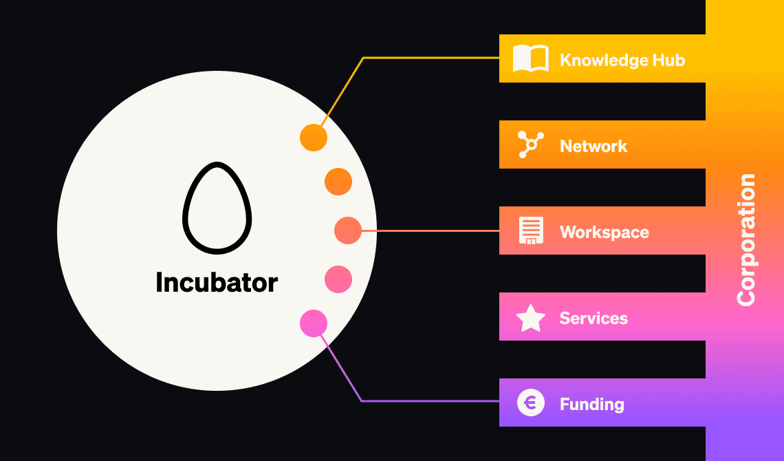 Corporate incubator growth strategy diagram showing knowledge hub, network, workspace, services, and funding support for scaling ventures.